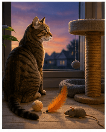 Cat sitting near a window at dusk with indoor enrichment toys nearby