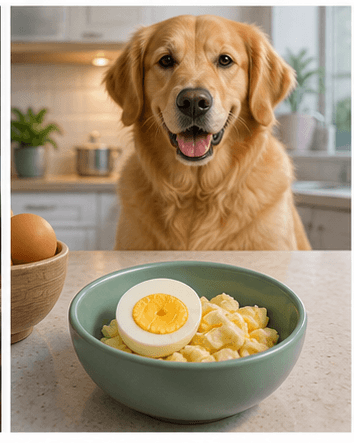 Plain cooked egg served safely in a dog bowl beside a happy dog