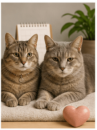 Healthy adult cat and senior cat resting near a calendar for a cat lifespan guide