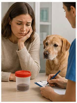 Dog owner discussing blood in dog stool with a veterinarian in a non-graphic clinic scene