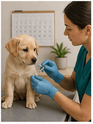 Puppy at a gentle veterinary visit for a dog injection schedule guide