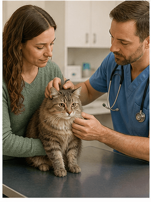Concerned cat owner with a cat during a veterinary exam for FIP guidance