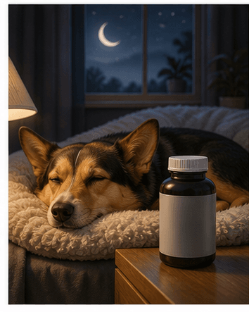 Calm dog resting near a pet-safe supplement bottle in a nighttime setting
