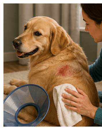 Dog with a mild non-graphic skin hot spot being cared for by an owner