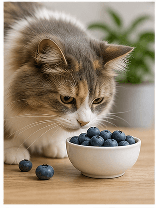 Curious cat sniffing a few blueberries in a small dish