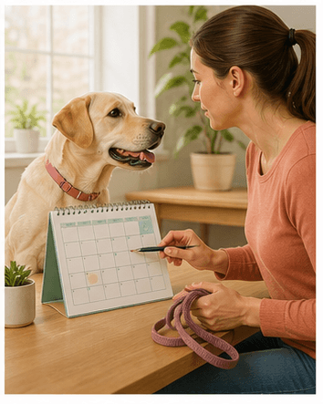 Dog owner using a calendar to track a female dog's heat cycle